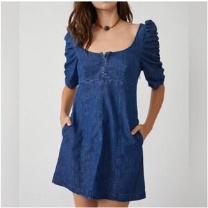 Free People Indigo Denim Puff Sleeve Mini Dress Smocked Back Large